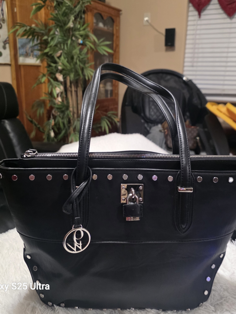 Nine West Black Studded Tote with Lock Charm